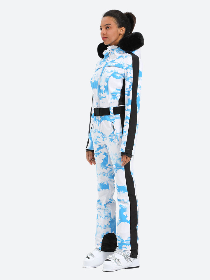 Women's Blue Clouds Slim-Fit Abrasion-Resistant One-Piece Ski Suits