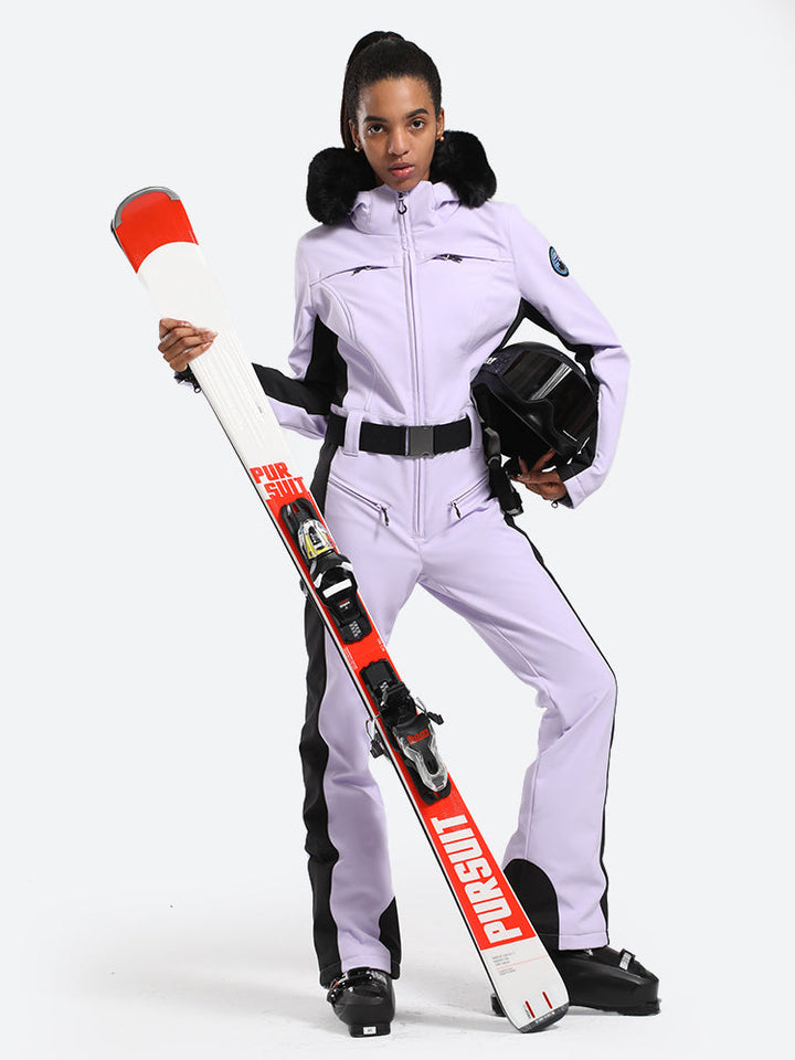 Women's Minimalist Faux Fur White & Black Down One-piece Ski Suits