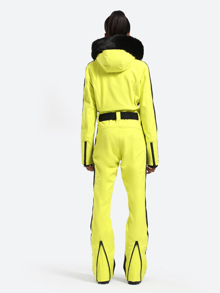 Women's Slim-Fit Stretch Faux Fur Neon Yellow One-Piece Ski Suit