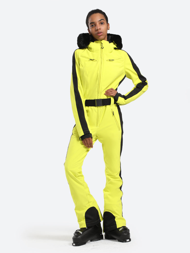 Women's Slim-Fit Stretch Faux Fur Neon Yellow One-Piece Ski Suit