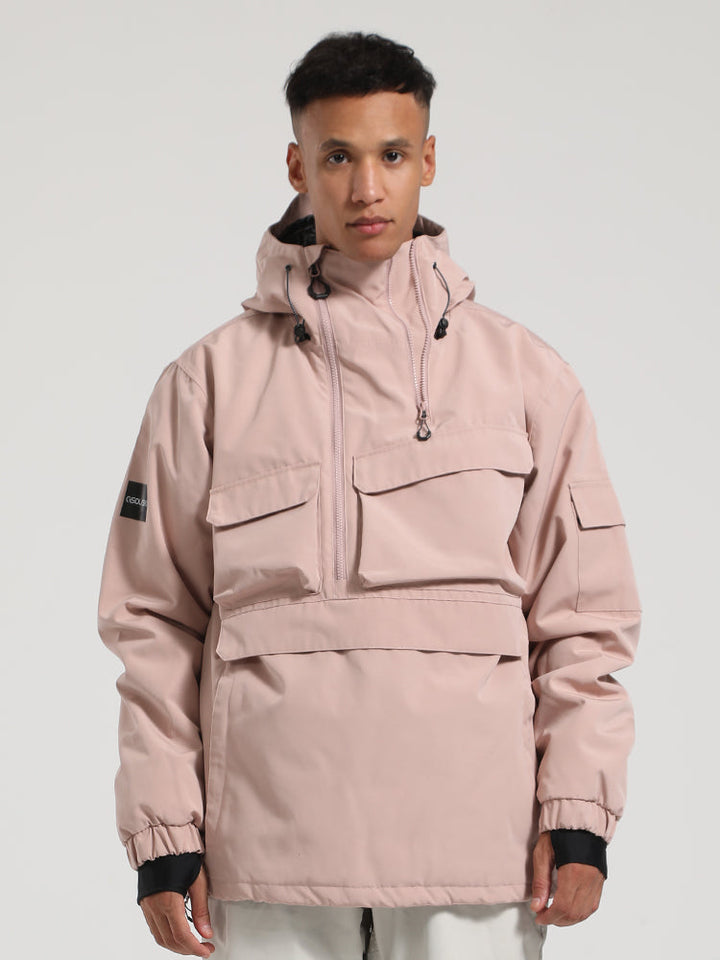 Men's Pink Asymmetrical Kangaroo Pocket Waterproof Insulated Snow Anoraks