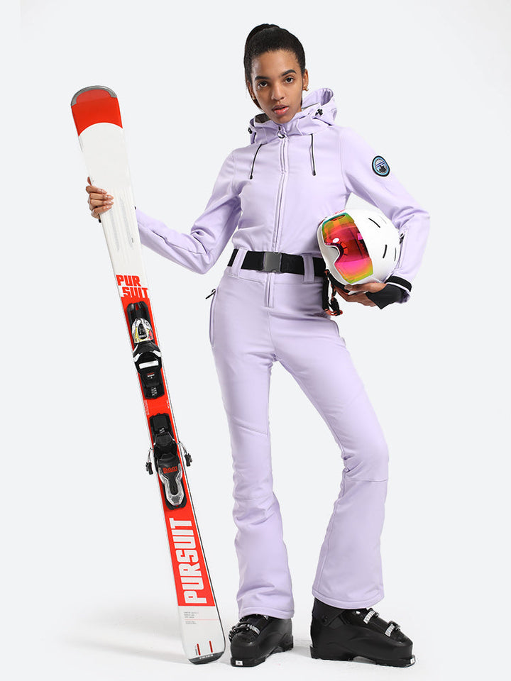 Women's White One-Piece Ski Suits with Removable Hood