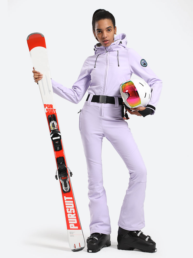 Women's Light Pink One-Piece Ski Suits with Removable Hood