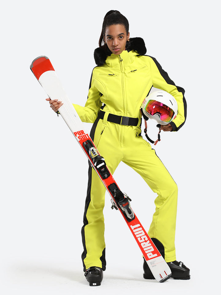 Women's Slim-Fit Stretch Faux Fur Neon Yellow One-Piece Ski Suit