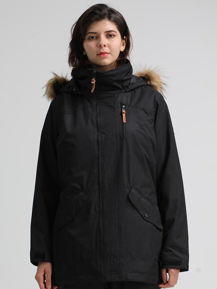  Black solid color Womens Hooded Ski Jacket Waterproof Snowboard Jacket