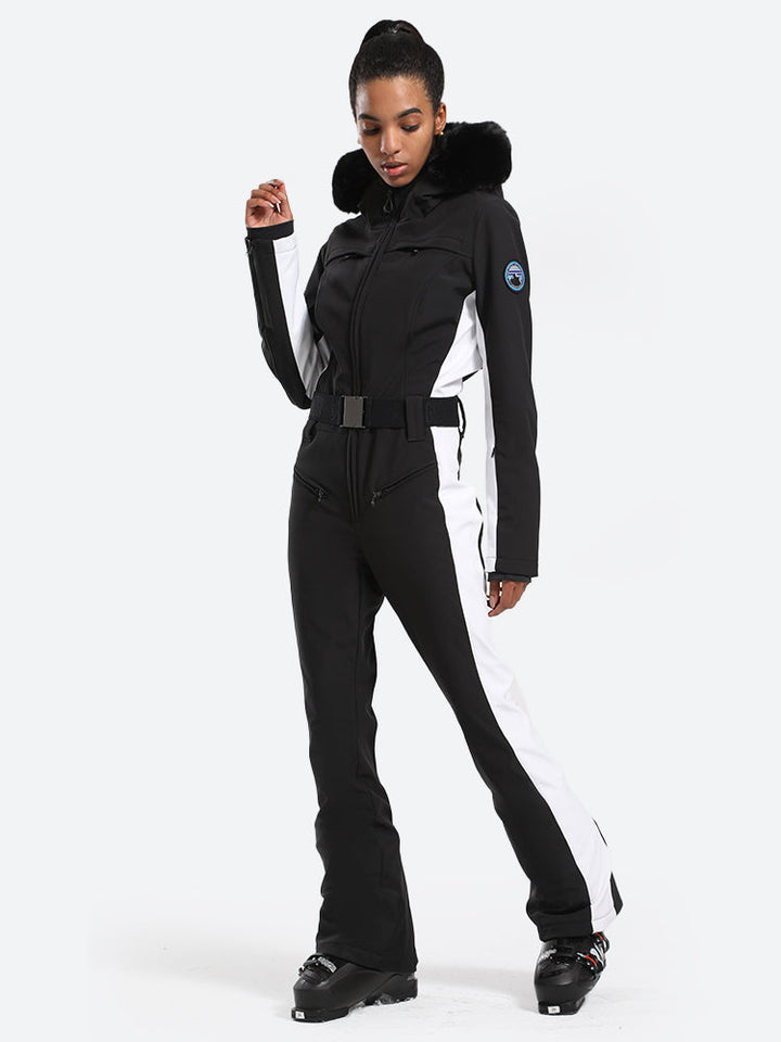 Women's Minimalist Faux Fur White & Black Down One-piece Ski Suits