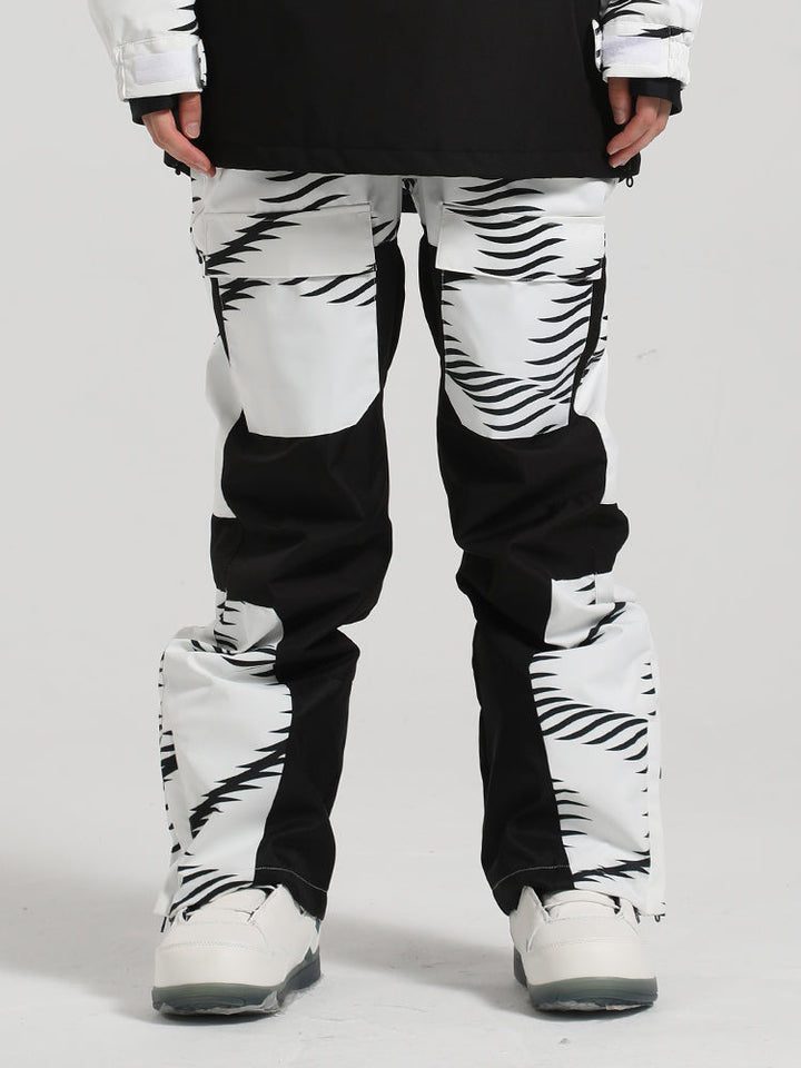 Men's Black Wavy Stripe Color-Block Snow Pants