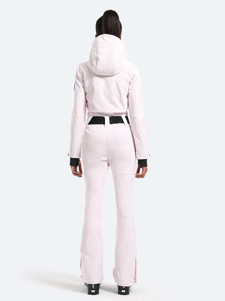 Women's White One-Piece Ski Suits with Removable Hood