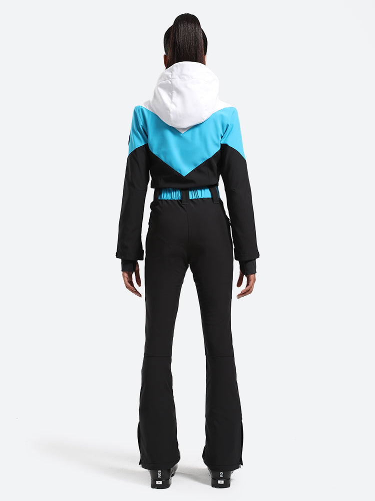 Women's Black & Blue All-in-One Belted Waterproof One-Piece Ski Suit