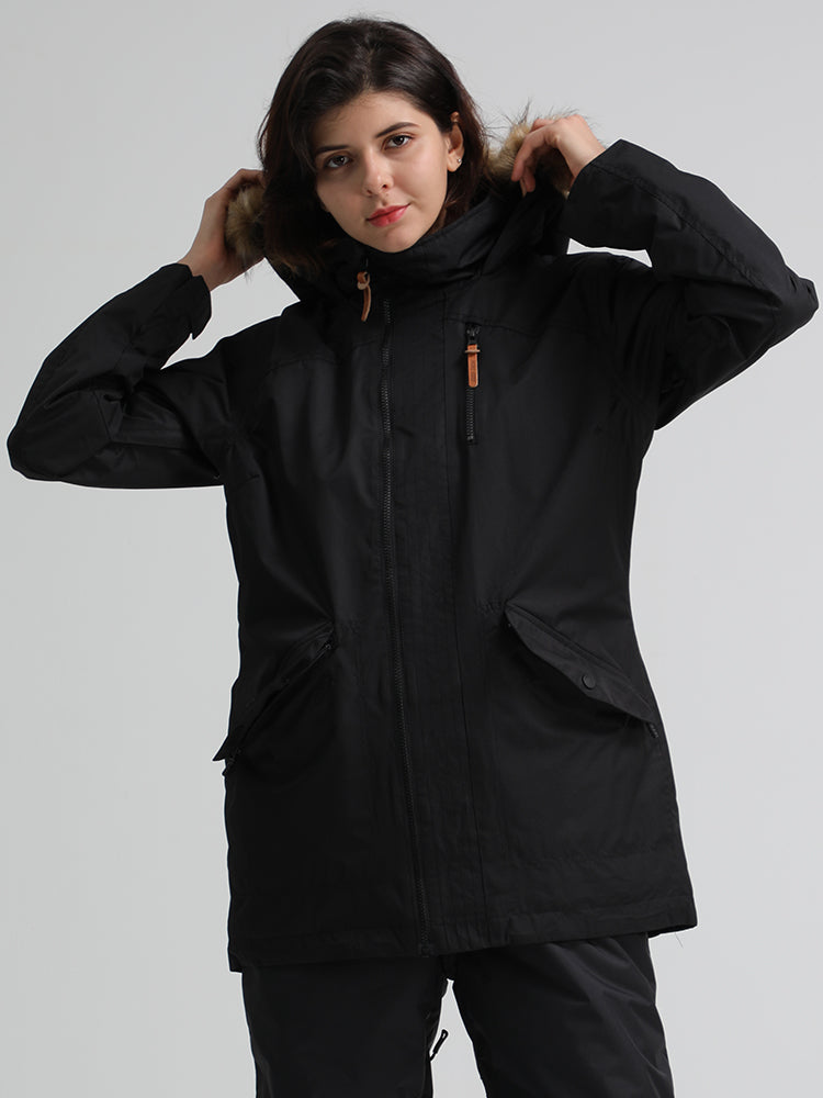  Black solid color Womens Hooded Ski Jacket Waterproof Snowboard Jacket