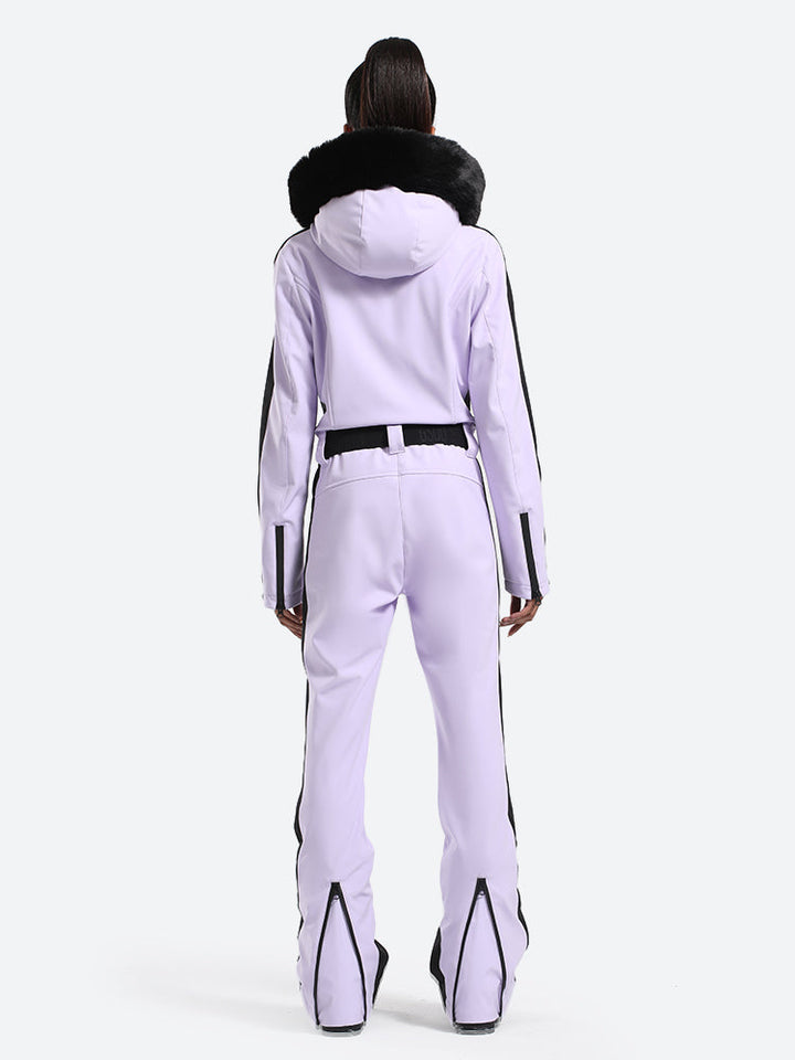 Women's Slim-Fit Stretch Faux Fur White One-Piece Ski Suit