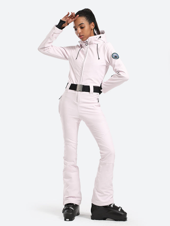 Women's White One-Piece Ski Suits with Removable Hood