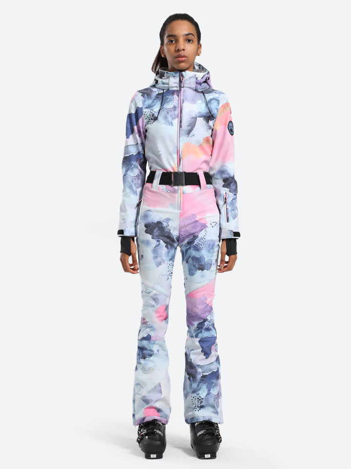 Women's Colorful Smudge One-Piece Ski Suits with Removable Hood