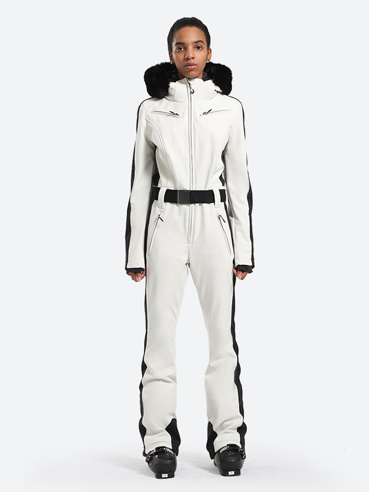 Women's Slim-Fit Stretch Faux Fur White One-Piece Ski Suit