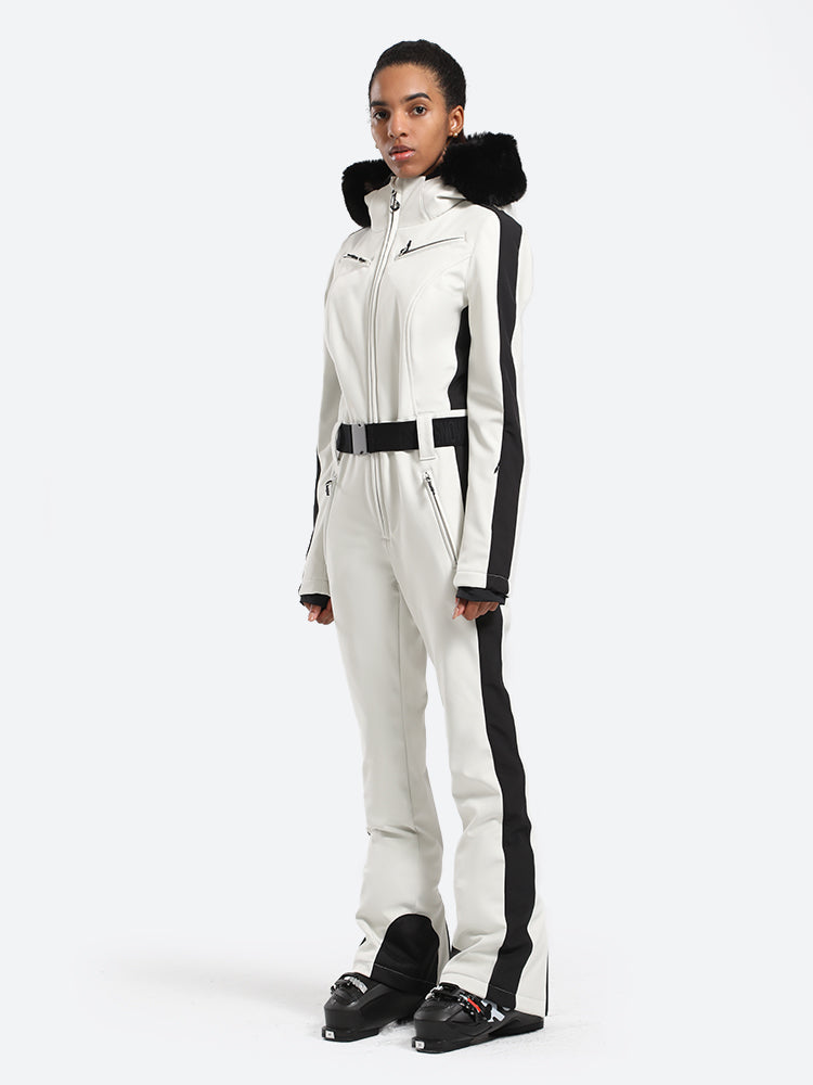 Women's Slim-Fit Stretch Faux Fur White One-Piece Ski Suit