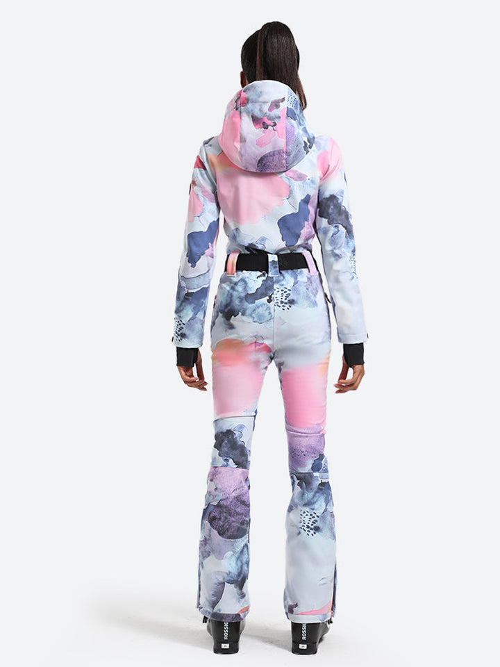 Women's Light Pink One-Piece Ski Suits with Removable Hood