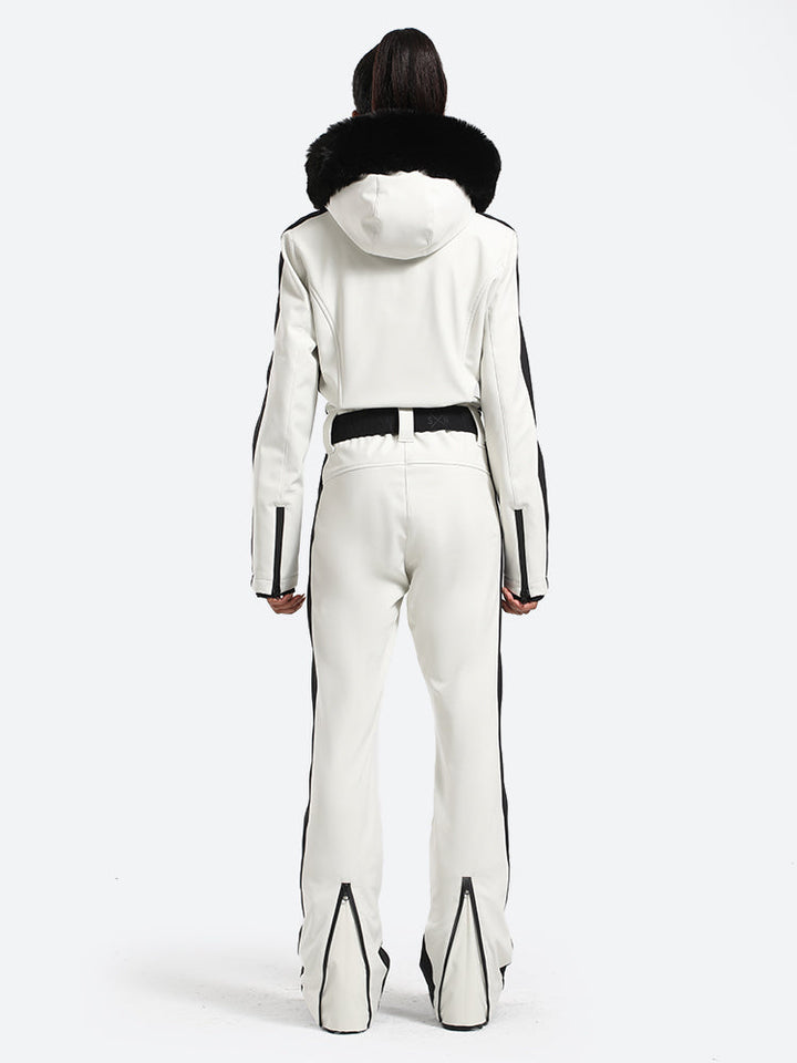 Women's Slim-Fit Stretch Faux Fur White One-Piece Ski Suit