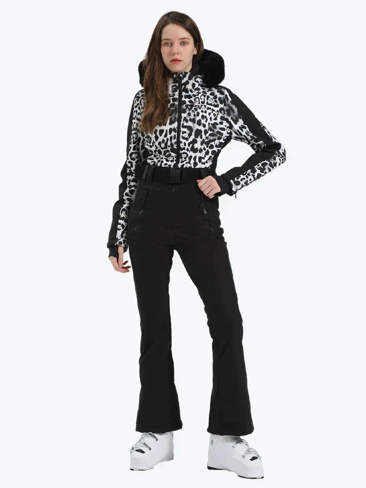 Women's Leopard Black Faux Fur Hood One-Piece Down Ski Suit