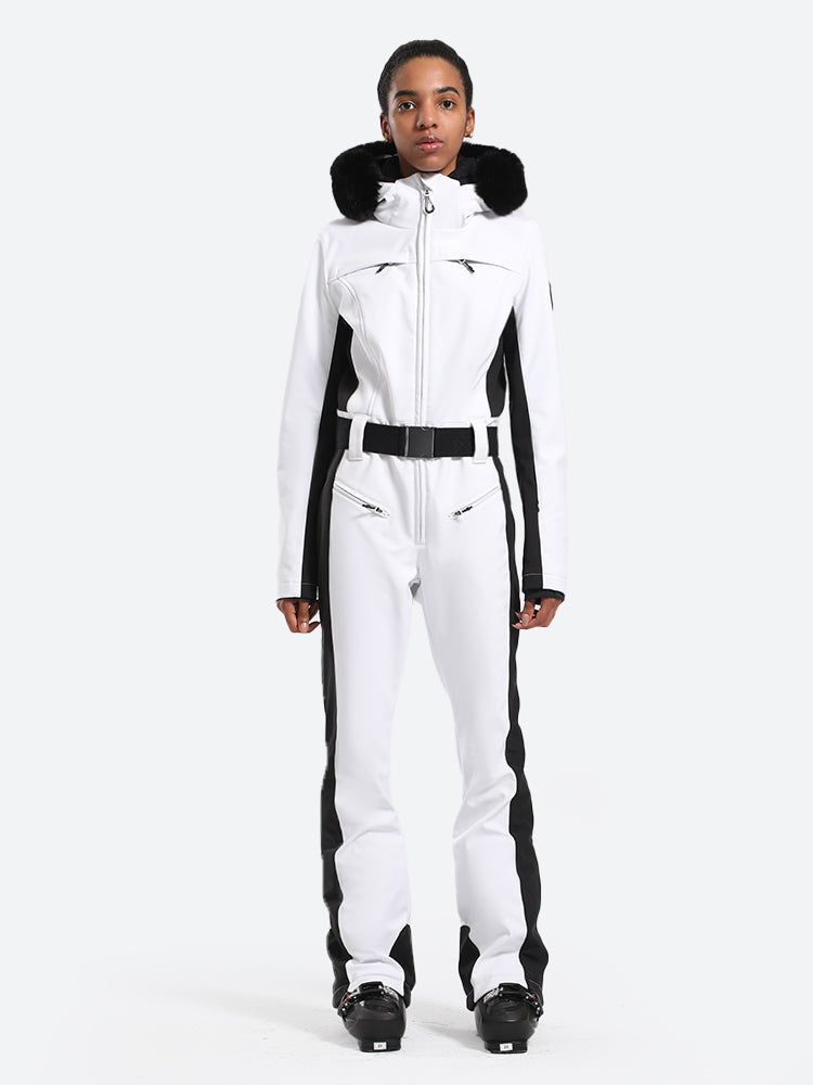 Women's Minimalist Faux Fur Black & White Down One-piece Ski Suits