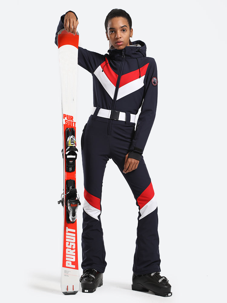 Women's Red Slim-Fit Waterproof One-Piece Ski Suits