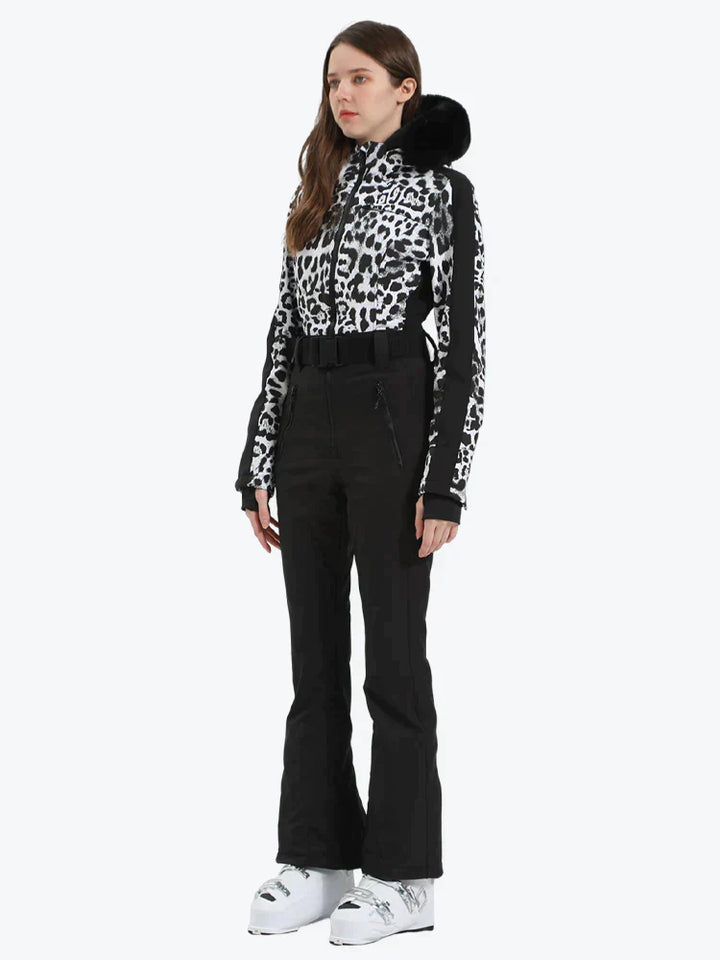 Women's Leopard Black Faux Fur Hood One-Piece Down Ski Suit