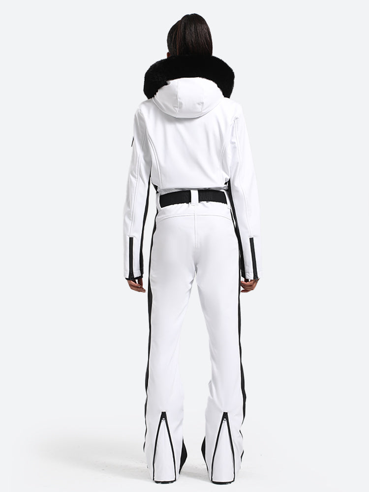 Women's Minimalist Faux Fur Black & White Down One-piece Ski Suits