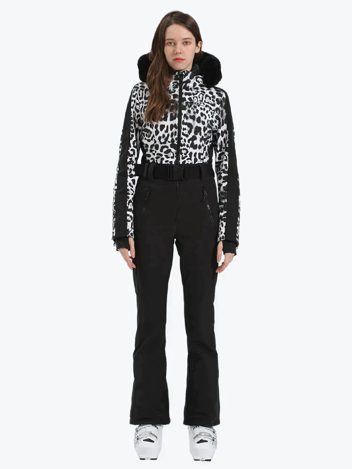 Women's Leopard Black Faux Fur Hood One-Piece Down Ski Suit