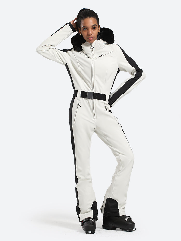 Women's Slim-Fit Stretch Faux Fur White One-Piece Ski Suit