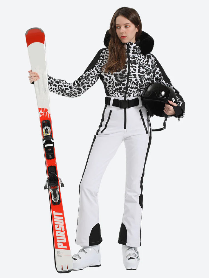 Women's Snow Leopard White Faux Fur Hood One-Piece Down Ski Suit