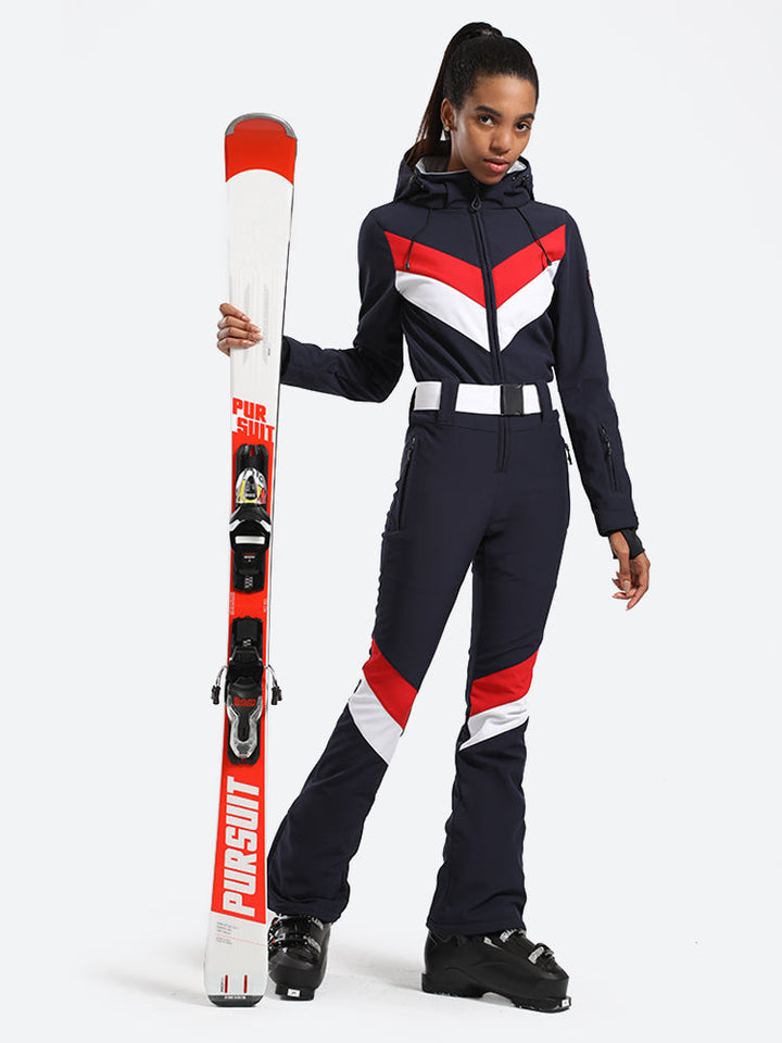 Women's Red Slim-Fit Waterproof One-Piece Ski Suits