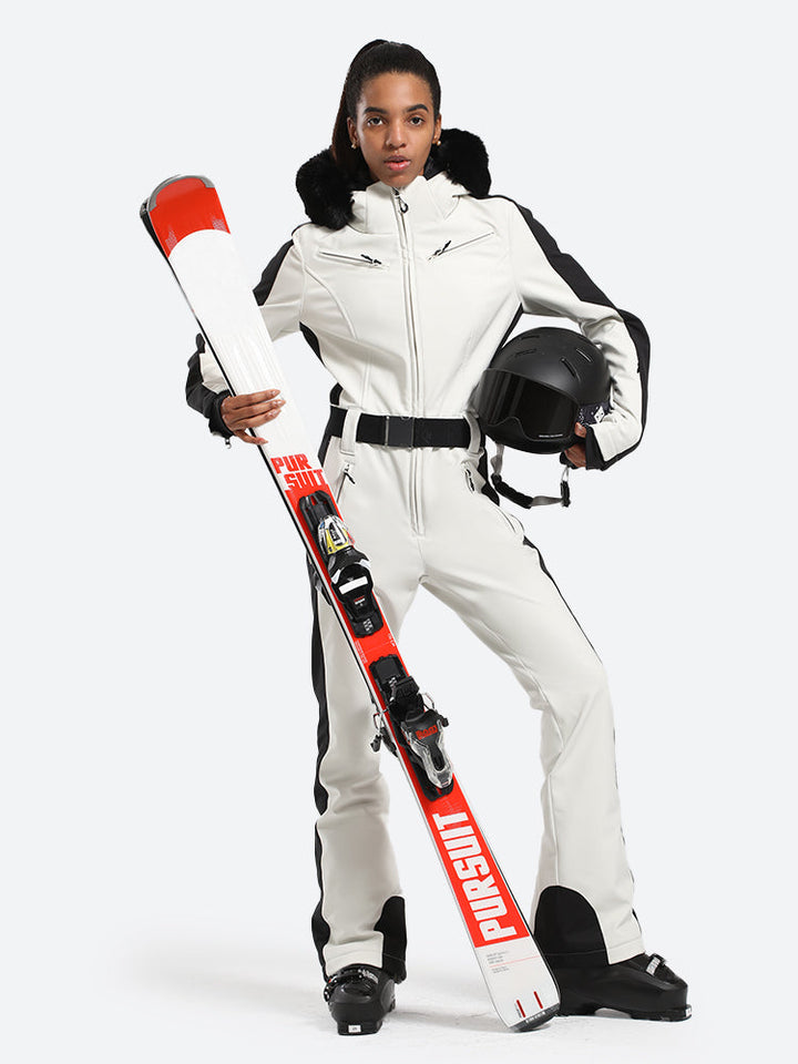 Women's Slim-Fit Stretch Faux Fur White One-Piece Ski Suit