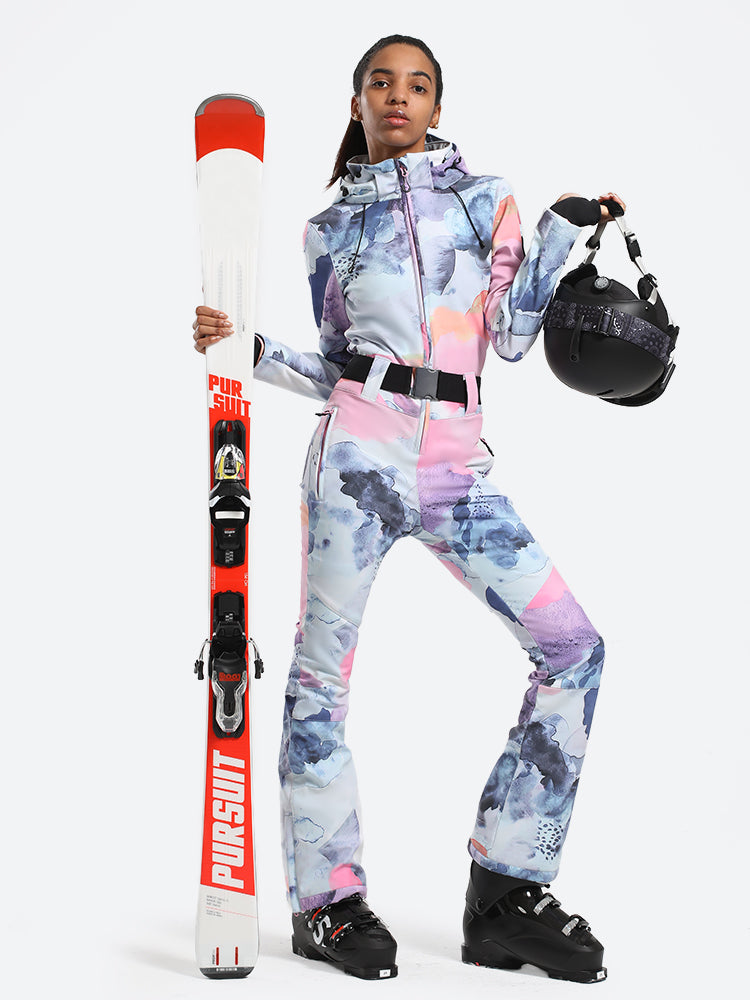 Women's White One-Piece Ski Suits with Removable Hood