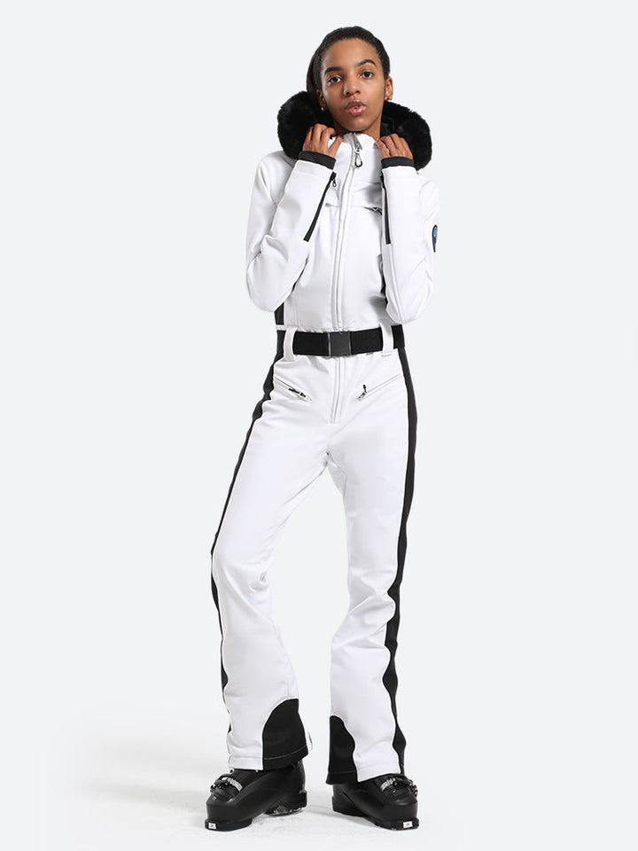 Women's Minimalist Faux Fur White & Black Down One-piece Ski Suits