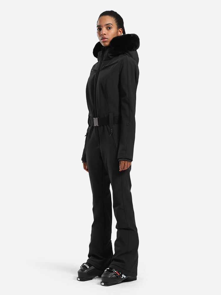 Women's Slim-Fit Stretch Faux Fur Black One-Piece Ski Suit