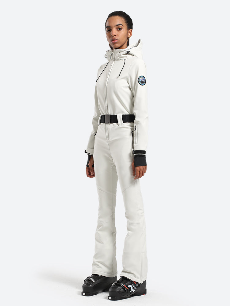 Women's White One-Piece Ski Suits with Removable Hood