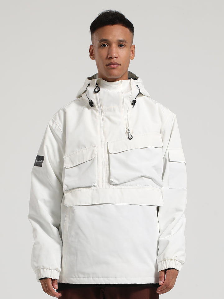 Men's White Asymmetrical Kangaroo Pocket Waterproof Insulated Snow Anoraks