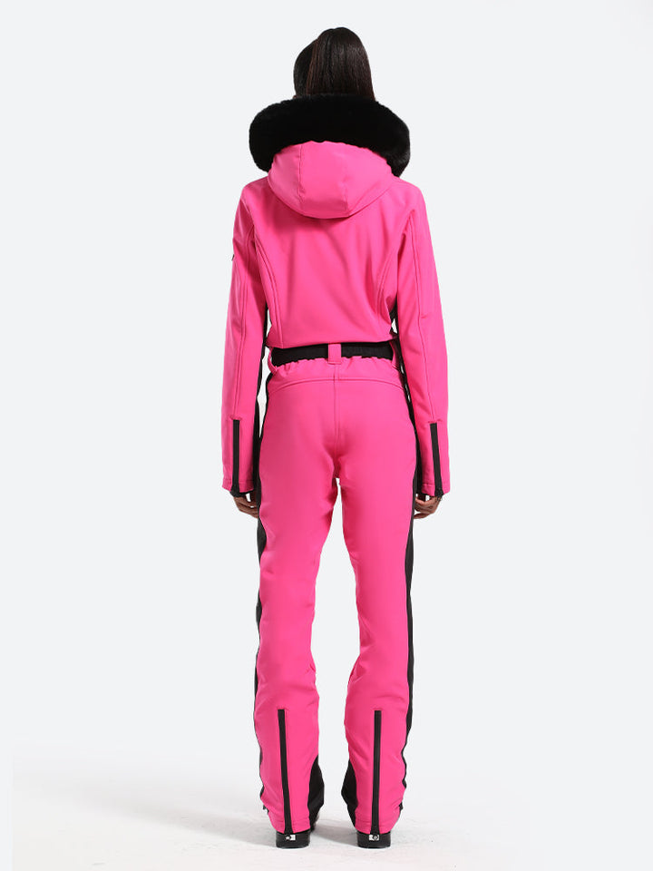 Women's Minimalist Faux Fur Neon Yellow Down One-piece Ski Suits