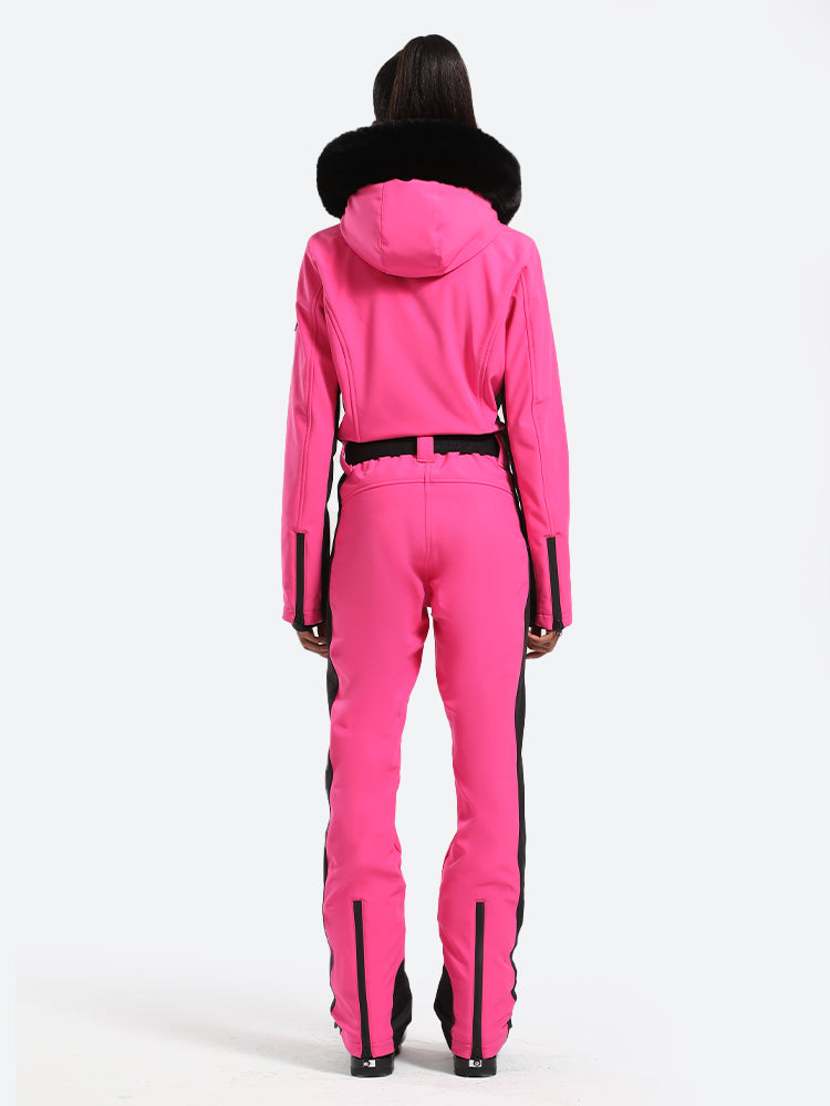 Women's Minimalist Faux Fur Fuchsia Down One-piece Ski Suits