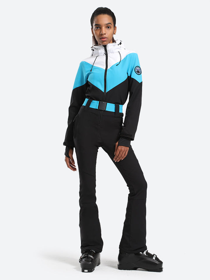 Women's Black & Blue All-in-One Belted Waterproof One-Piece Ski Suit