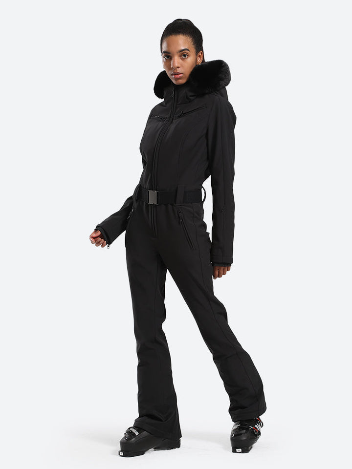 Women's Slim-Fit Stretch Faux Fur Black One-Piece Ski Suit