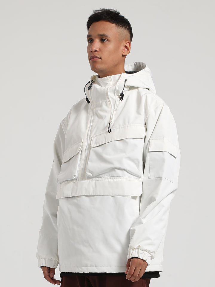 Men's White Asymmetrical Kangaroo Pocket Waterproof Insulated Snow Anoraks