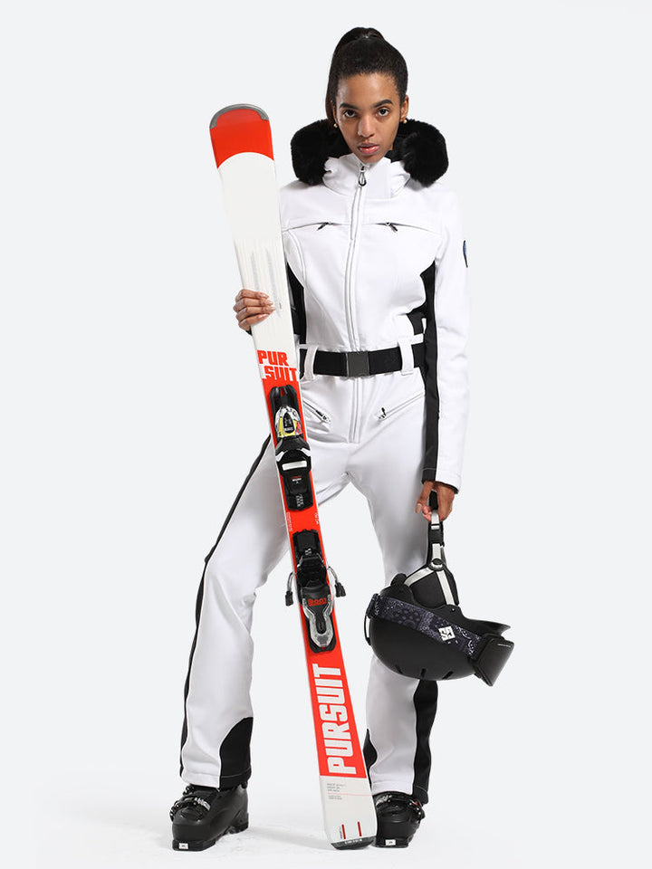 Women's Minimalist Faux Fur White & Black Down One-piece Ski Suits