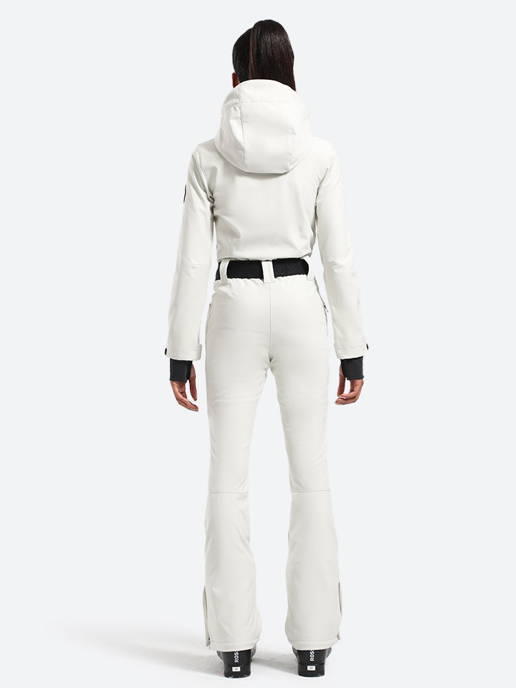 Women's White One-Piece Ski Suits with Removable Hood