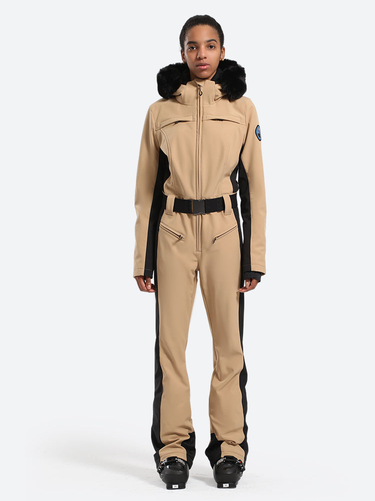 Women's Minimalist Faux Fur Khaki Down One-piece Ski Suits