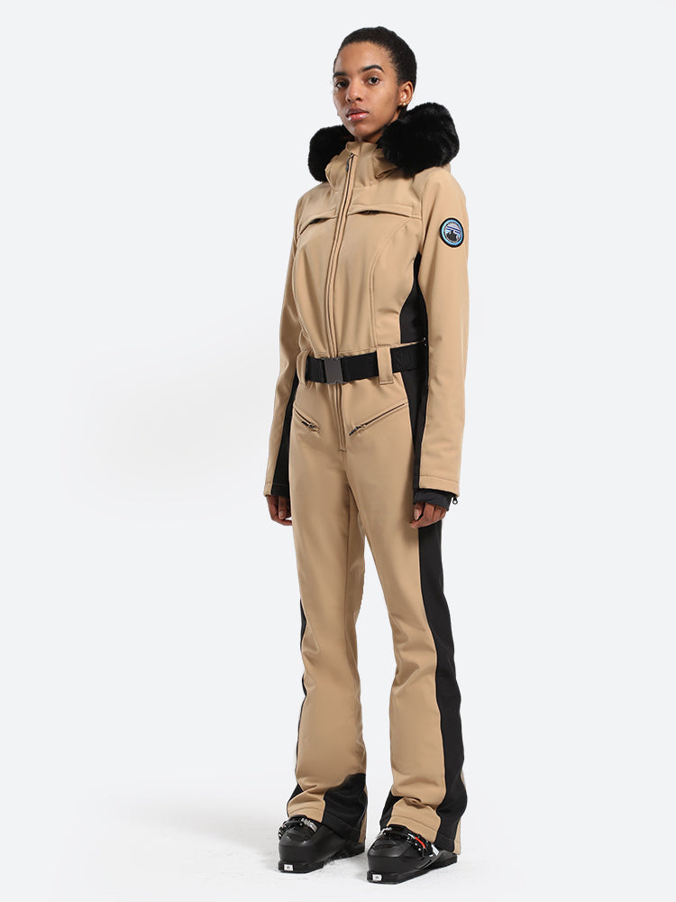 Women's Minimalist Faux Fur Khaki Down One-piece Ski Suits