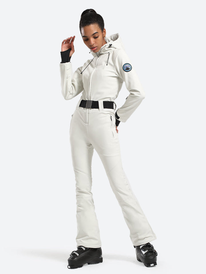 Women's White One-Piece Ski Suits with Removable Hood