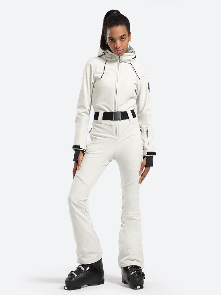 Women's White One-Piece Ski Suits with Removable Hood