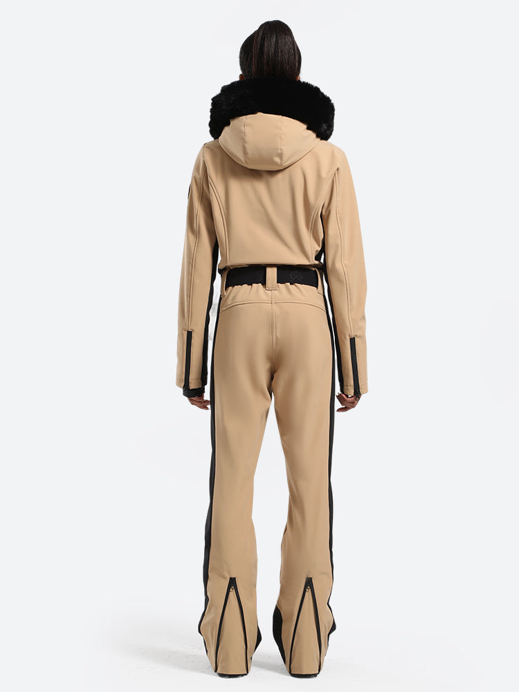 Women's Minimalist Faux Fur Khaki Down One-piece Ski Suits