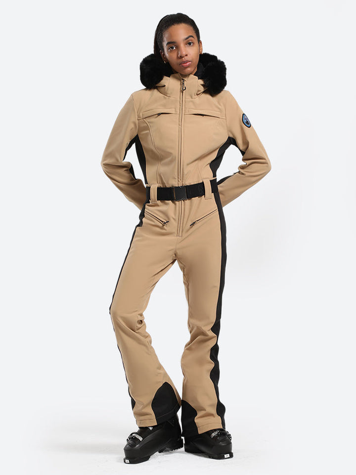 Women's Minimalist Faux Fur Khaki Down One-piece Ski Suits