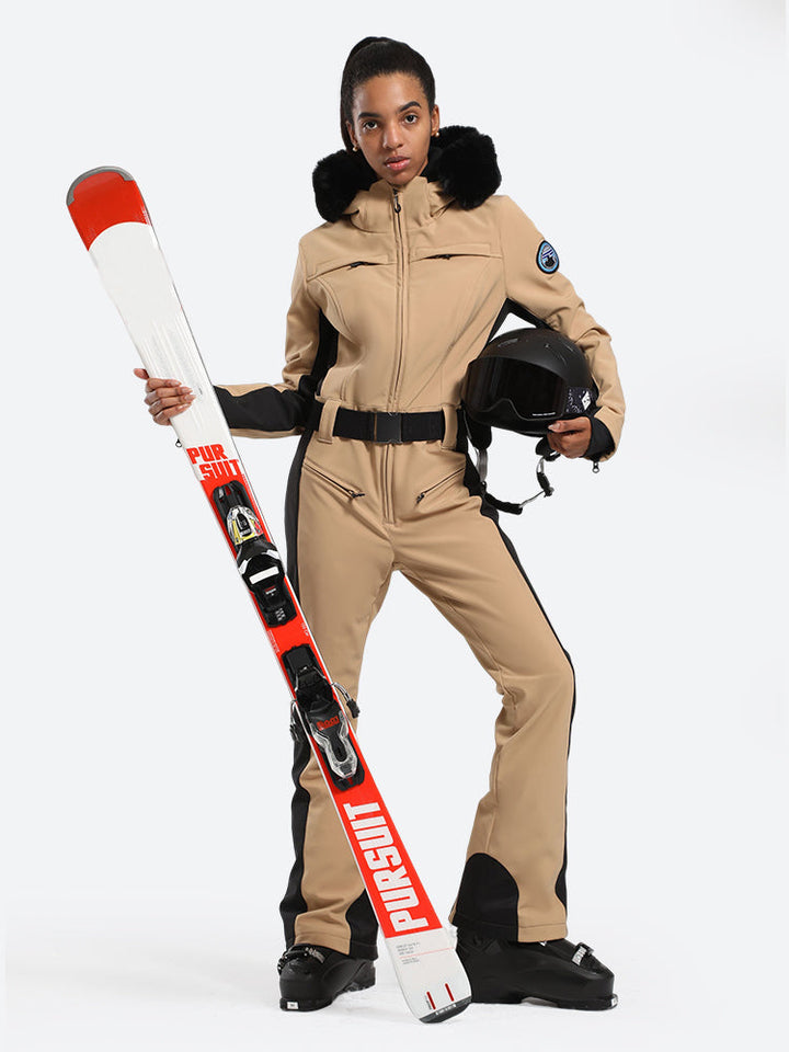 Women's Minimalist Faux Fur Khaki Down One-piece Ski Suits